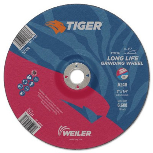 Weiler Tiger Grinding Wheels, 9 in Dia., 1/4 in Thick, 7/8 in Arbor, 24 Grit, 10 EA, #57137