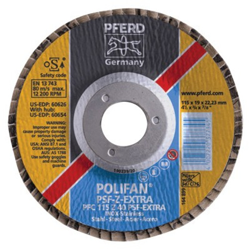 Pferd POLIFAN PSF-EXTRA Flap Discs, 4 1/2 in, 36 Grit, 7/8 in Arbor, 13,300 rpm, 10 EA, #60625 Pferd POLIFAN PSF-EXTRA Flap Discs, 4 1/2 in, 36 Grit, 7/8 in Arbor, 13,300 rpm, 10 EA, #60625