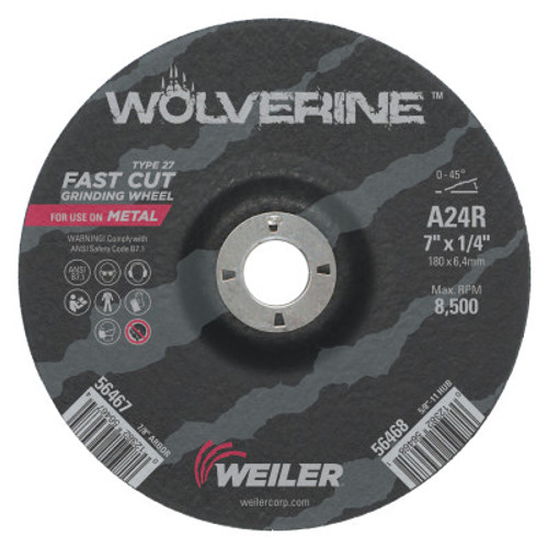 Weiler Wolverine Grinding Wheels, 7 in Dia, 1/4 in Thick, 7/8 in Arbor, 24 Grit, R, 1 EA, #56467