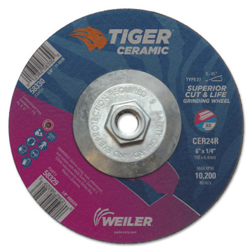 Weiler Tiger Ceramic Grinding Wheels, 6 in Dia., 1/4 in Thick, 24 Grit, Ceramic Alumina, 10 BX, #58330