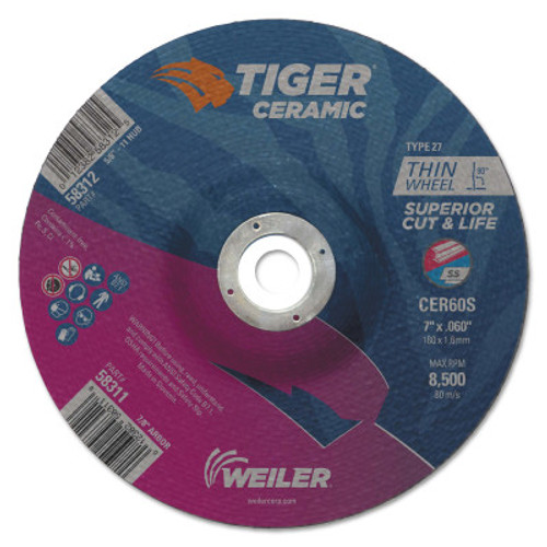 Weiler Tiger Ceramic Cutting Wheels, Type 27, 7 in Dia., 0.06 in Thick, 7/8 in Arbor, 10 PK, #58311