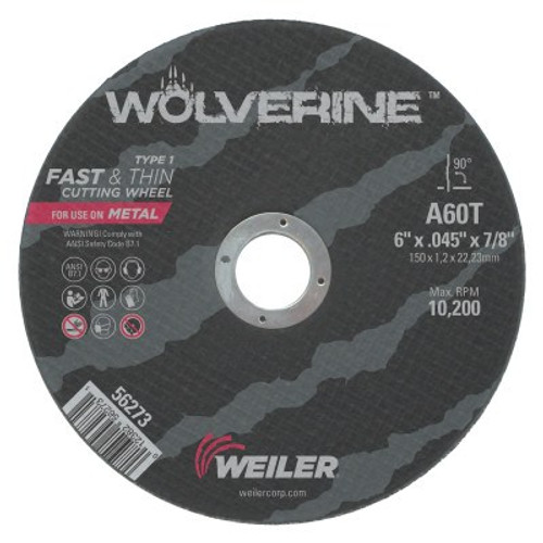 Weiler Wolverine Thin Cutting Wheels, 6 in x .045 in, 7/8 Arbor, 60 Grit, T, Type 1, 1 EA, #56273 Weiler Wolverine Thin Cutting Wheels, 6 in x .045 in, 7/8 Arbor, 60 Grit, T, Type 1, 1 EA, #56273