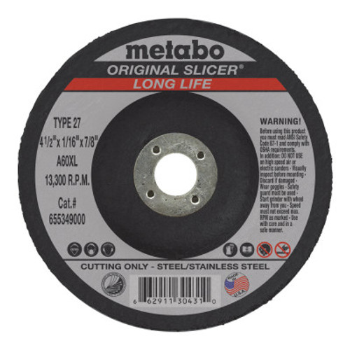 Metabo Slicer Cutting Wheel, Type 27, 4 1/2 in Dia, 1/16 in Thick, 36 Grit Alum. Oxide, 1 EA, #655349000