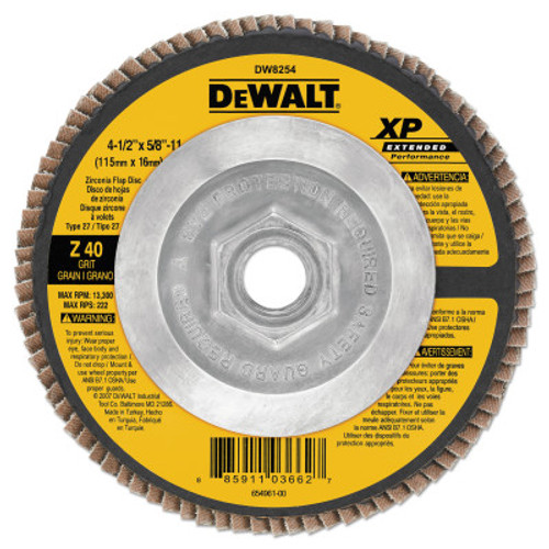 DeWalt XP? Ext Perf Flap Disc, 4-1/2 in, 40 Grit, 5/8 in-11 Arbor, 13,300 RPM, T27, 5 PK, #DW8254