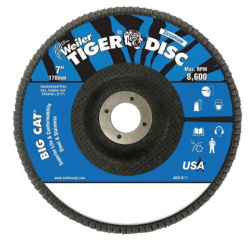 Weiler Big Cat High Density Flat Style Flap Discs, 7", 60 Grit, 7/8 in Arbor, 8,600 rpm, 5 EA, #50824 Weiler Big Cat High Density Flat Style Flap Discs, 7", 60 Grit, 7/8 in Arbor, 8,600 rpm, 5 EA, #50824