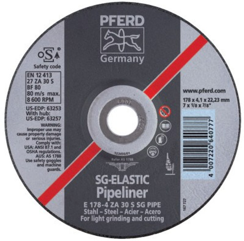Pferd Pipel Grinding Wheel, 4 1/2 in Dia, 1/8 in Thick, 30 Grit Alum. Oxide, 10/BX, #63255