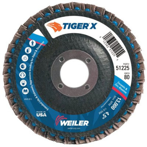 Weiler Tiger X Flap Disc, 4-1/2 in Flat, 80 Grit, 7/8 in Arbor, 10 PK, #51225