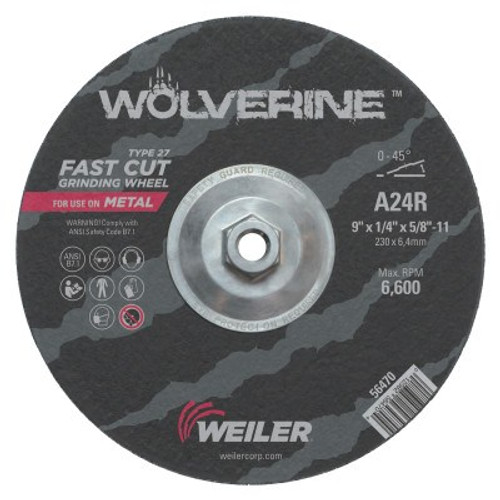 Weiler Wolverine Grinding Wheels, 9 in Dia, 1/4 in Thick, 5/8 in Arbor, 24 Grit, R, 10 PK, #56470