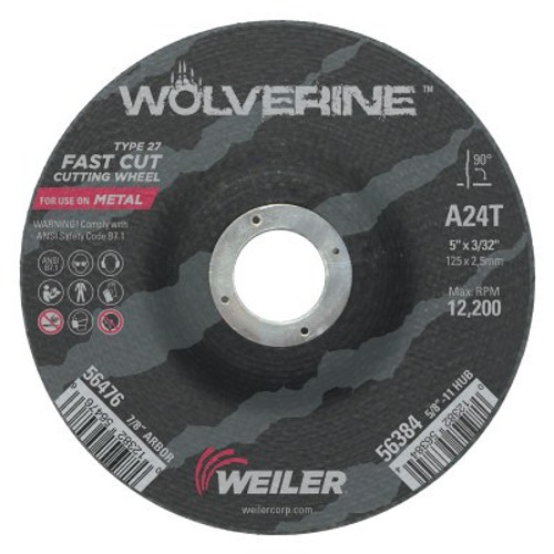 Weiler Wolverine Grinding Wheels, 5 in Dia, 3/32 in Thick, 7/8 in Arbor, 24 Grit, T, 25 EA, #56476