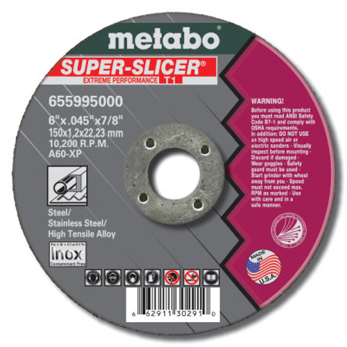 Metabo Cutting Wheel, 6 in Dia, .045 in Thick, 7/8 in Arbor, 60 Grit Alum. Oxide, 1 EA, #655995000