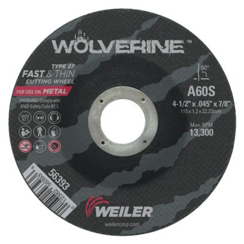 Weiler Wolverine Thin Cutting Wheels, 4 1/2 in x .045 in, 60 Grit, S, Aluminum Oxide, 1 EA, #56393 Weiler Wolverine Thin Cutting Wheels, 4 1/2 in x .045 in, 60 Grit, S, Aluminum Oxide, 1 EA, #56393