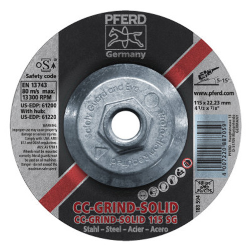 Pferd CC Grind Solid Steel Grinding Discs, Ceramic, 4 1/2in Dia, 5/8 in Arbor, 24 Grit, 1 EA, #61220