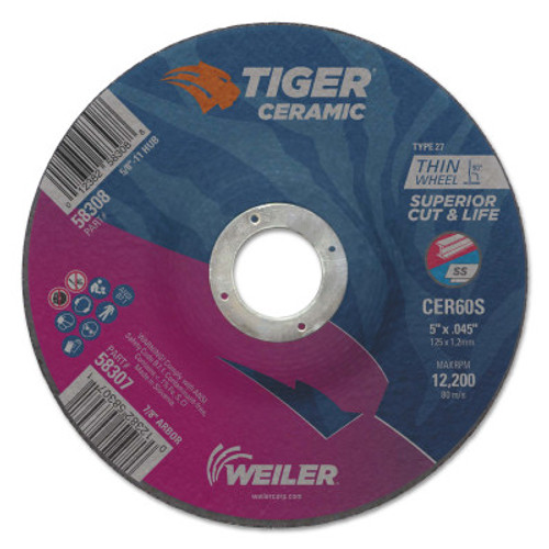 Weiler Tiger Ceramic Cutting Wheels, Type 27, 5 in Dia., 0.045 in Thick, 7/8 in Arbor, 10 PK, #58307