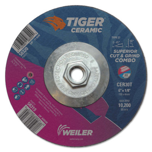 Weiler Tiger Ceramic Combo Wheels, 6 in Dia., 1/8 in Thick, 30 Grit, Ceramic Alumina, 10 BX, #58320