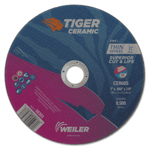 Weiler Tiger Ceramic Cutting Wheels, Type 1, 7 in Dia., 0.06 in Thick, 7/8 in Arbor, 25 BX, #58303