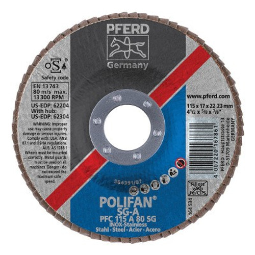 Pferd Type 29 POLIFAN SG Flap Discs, 4 1/2", 80 Grit, 7/8 Arbor, Aluminum Oxide, 1 EA, #62204