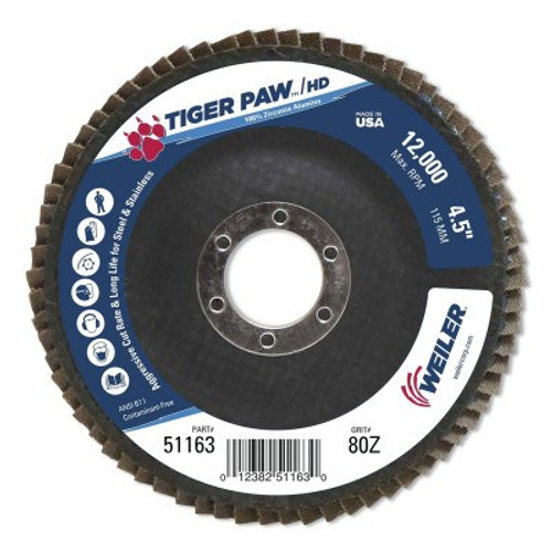 Weiler Tiger Paw? Coated Abrasive Flap Disc, 4-1/2 in, 80 Grit, 7/8 Arbor, 12,000 RPM, 10 CT, #51163 Weiler Tiger Paw? Coated Abrasive Flap Disc, 4-1/2 in, 80 Grit, 7/8 Arbor, 12,000 RPM, 10 CT, #51163