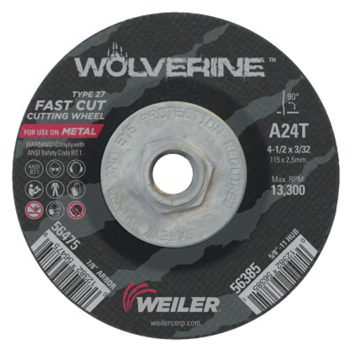Weiler Wolverine Thin Cutting Wheels, 4 1/2 in Dia, 3/32 in Thick, 24 Grit Alum. Oxide, 1 EA, #56385