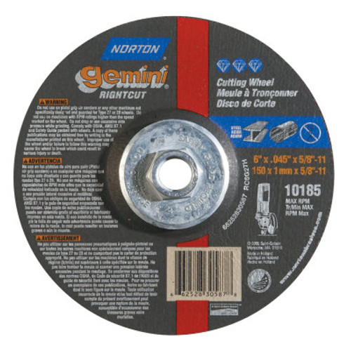 Norton Type 27/42 Gemini RightCut Cut-Off Wheel, 6" Dia, 5/8" Arbor, 24 Grit, 1 EA, #66252830587