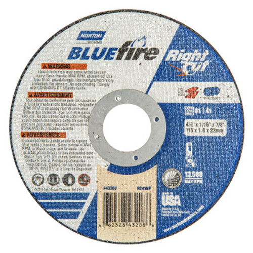 Norton Type 01 BlueFire Right Cut Cut-Off Wheel, 4 1/2 in Dia, 1/16 Thick, Alum. Oxide, 25 PK, #66252843208