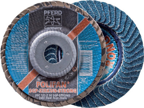 Pferd POLIFAN Flap Discs, 5 in, 60 Grit, 5/8 Arbor, 12,200 rpm, Flat, 10 EA, #63016