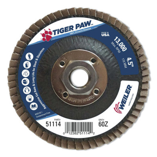 Weiler Tiger Paw Coated Abrasive Flap Discs, 4 1/2", 60 Grit, 5/8 Arbor, Phenolic Back, 10 CT, #51114