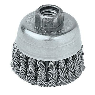 Weiler Single Row Heavy-Duty Knot Wire Cup Brush, 2 3/4 Dia., 5/8-11 UNC, .02 Stainless, 1 EA, #13258