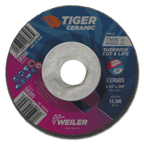 Weiler Tiger Ceramic Cutting Wheels, 4.5" Dia., 0.045" Thick, 60 Grit, Ceramic Alumina, 10 BX, #58306