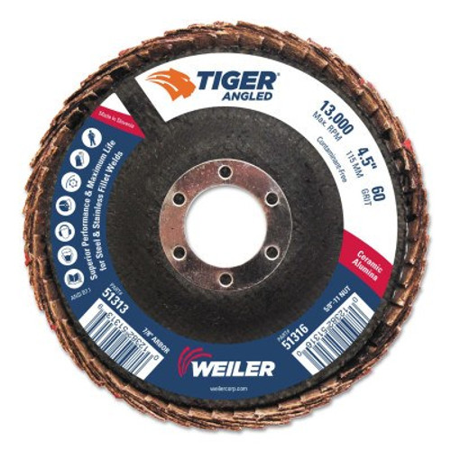 Weiler Tiger Ceramic Angled Flap Discs, 7/8 in, 60 Grit, 10 per Box, 10 BX, #51313 Weiler Tiger Ceramic Angled Flap Discs, 7/8 in, 60 Grit, 10 per Box, 10 BX, #51313
