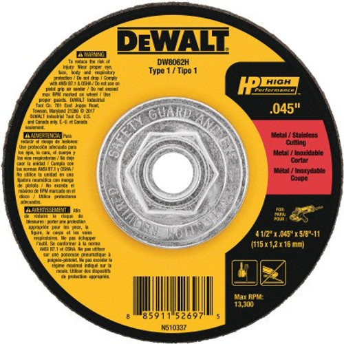 DeWalt HP? Mini Hub Cutting Wheel, 4-1/2 in x .045 x 5/8 in - 11, Type 1, 10 BX, #DW8062H