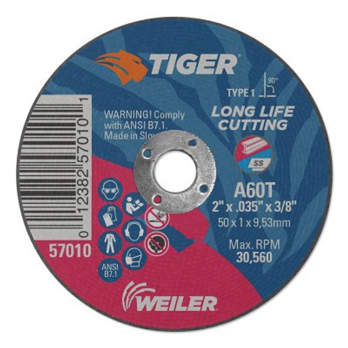 Weiler Tiger Aluminum Oxide Type 1 Cutting Wheel, 3 x 1/8 x 1/4, A36T T1, 100/BX, #57068