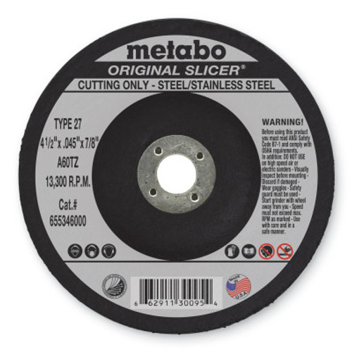 Metabo Slicer Cutting Wheel, 4 1/2 in Dia, .045 in Thick, 60 Grit Alum. Oxide, 1 EA, #655346000