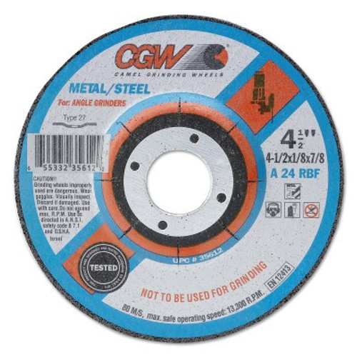 CGW Abrasives Depressed Center Wheel, 4 1/2 in Dia, 1/8 in Thick, 5/8 in Arbor, Aluminum, 10/BX, #35613