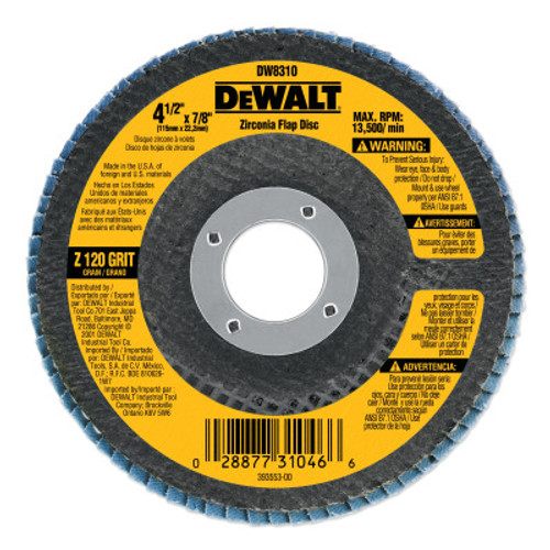 DeWalt Type 29 HP Flap Disc, 4-1/2 in x 7/8 in, 120 Grit, 10 EA, #DW8310