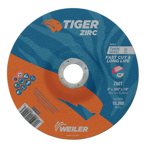 Weiler Tiger Zirc Thin Cutting Wheels, 6" Dia, .045 Thick, 7/8" Arbor, Grit 24, 25 EA, #58022