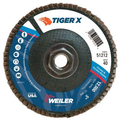 Weiler TIGER X Flap Disc, 5 in Angled, 40 Grit, 5/8 in - 11 Arbor, 10 PK, #51212