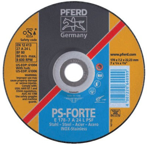 Pferd Depressed Center Wheel, 7 in Dia, 1/4 in Thick, 7/8 Arbor, 24 Grit Alum. Oxide, 10 BX, #61004