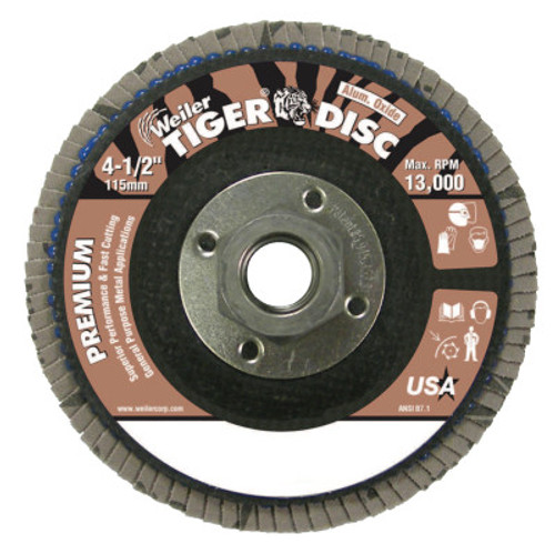 Weiler Tiger Disc Flat Style Flap Discs, 4 1/2", 60 Grit, 5/8 Arbor, Phenolic Back, 10 EA, #50669