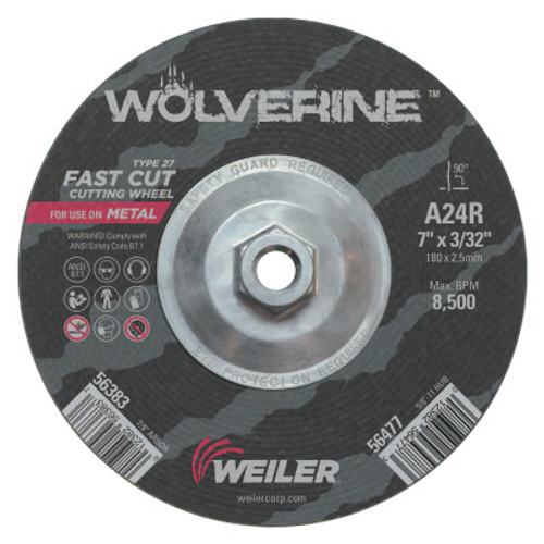 Weiler Wolverine Grinding Wheels, 7 in Dia, 3/32 in Thick, 5/8 in Arbor, 24 Grit, T, 10 EA, #56477