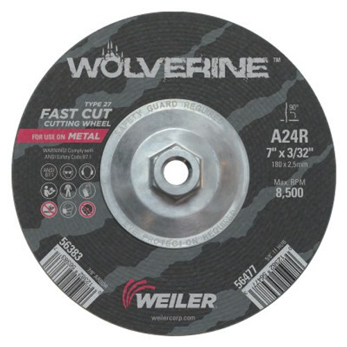 Weiler Wolverine Grinding Wheels, 7 in Dia, 3/32 in Thick, 5/8 in Arbor, 24 Grit, T, 10/BX, #56477