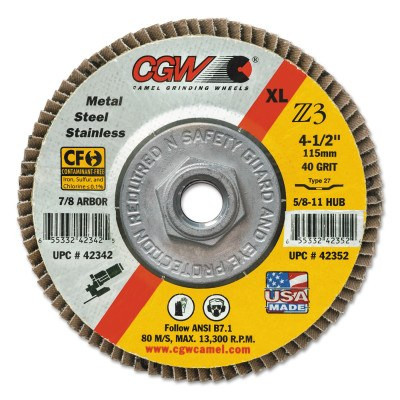 CGW Abrasives Premium Z3 Reg T29 Flap Disc, 7 in dai, 40 Grit, 5/8 in-11 Arbor, 8,600 RPM, 10/BX, #42732