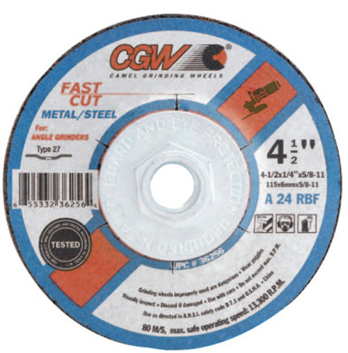CGW Abrasives Depressed Center Wheel, 6 in Dia, 1/4 in Thick, 7/8 Arbor, 24 Grit, Alum. Oxide, 25 EA, #36259