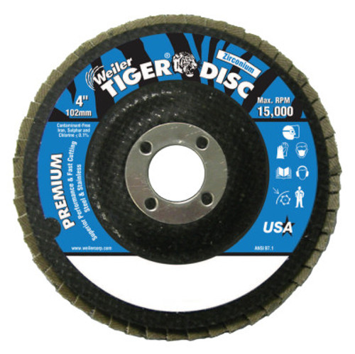 Weiler Tiger Disc Angled Style Flap Discs, 4",36 Grit,5/8 Arbor,Phenolic Back,Zirconium, 10 EA, #50592
