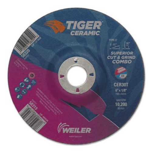 Weiler Tiger Ceramic Combo Wheels, 6 in Dia., 1/8 in Thick, 7/8 in Arbor, 30 Grit, 10/PK, #58319