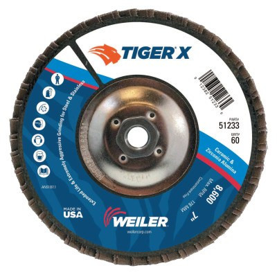 Weiler TIGER X Flap Disc, 7 in Flat, 60 Grit, 5/8 in - 11 Arbor, 10 PK, #51233