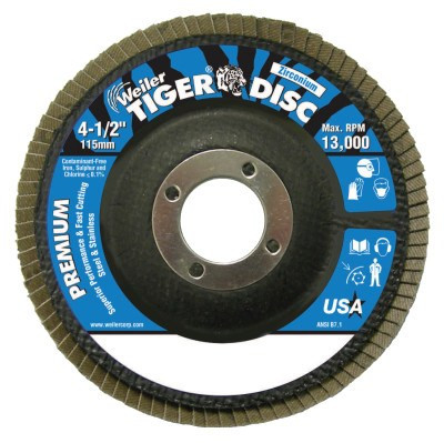 Weiler Tiger Disc Angled Style Flap Discs, 4 1/2 in, 120 Grit, 7/8 Arbor, Phenolic Back, 10/CT, #50606