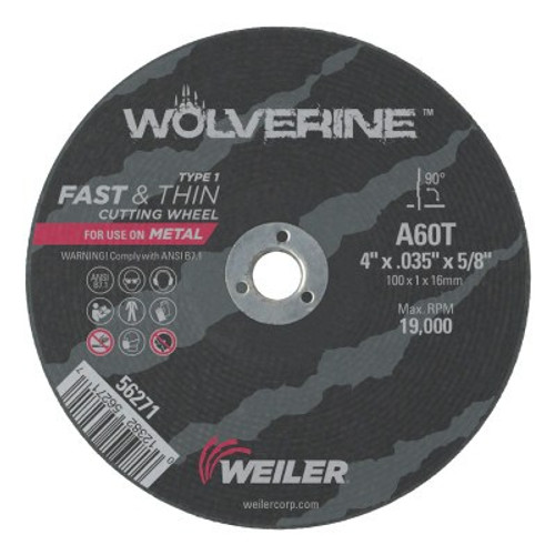 Weiler Wolverine Thin Cutting Wheels, 4 in Dia, .035 Thick, 5/8 Arbor, 60 Grit, 1 EA, #56271