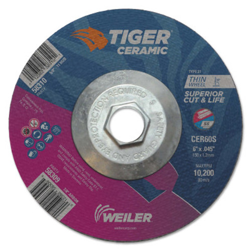 Weiler Tiger Ceramic Cutting Wheels, 6" Dia., 0.045" Thick, 60 Grit, Ceramic Alumina, 10 BX, #58310