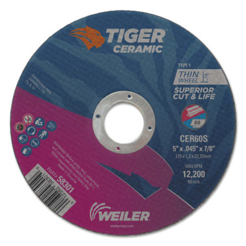 Weiler Tiger Ceramic Cutting Wheels, Type 27, 3 in Dia., 1/16 in Thick, 1/4 in Arbor, 100 BX, #58345