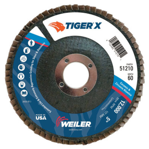 Weiler TIGER X Flap Disc, 5 in Angled, 60 Grit, 7/8 in Arbor, 10 PK, #51210